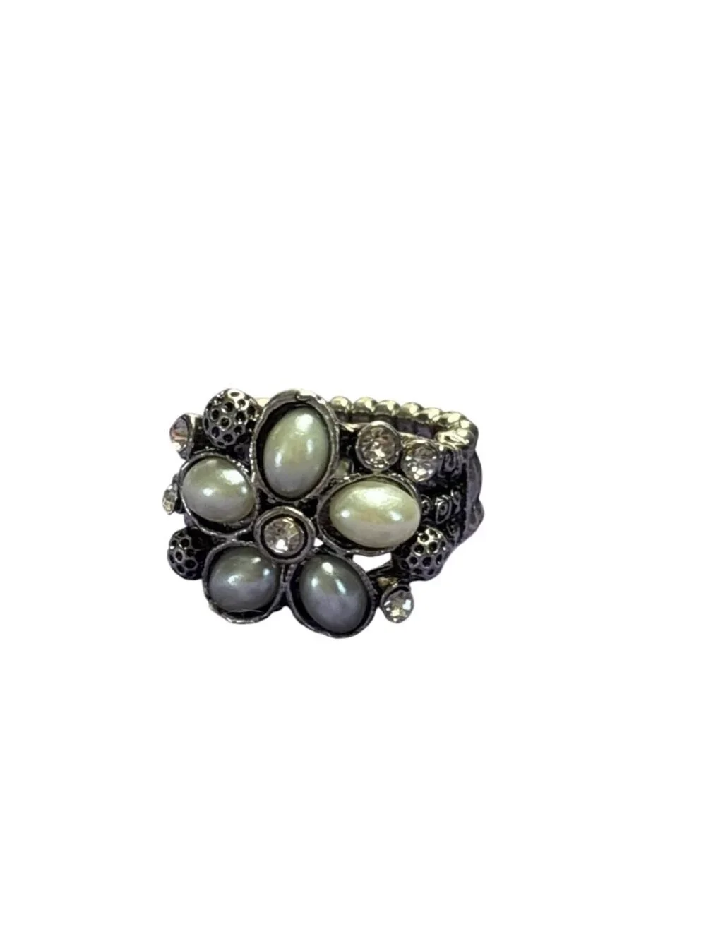 Silvertone Flower Stretchy Ring Faux Pearl Cabochons Clear Rhinestones